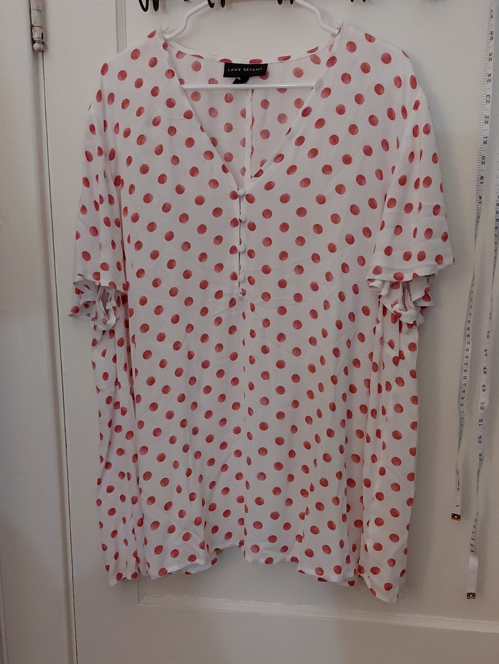 Lane Bryant White Blouse with Coral Polka Dots